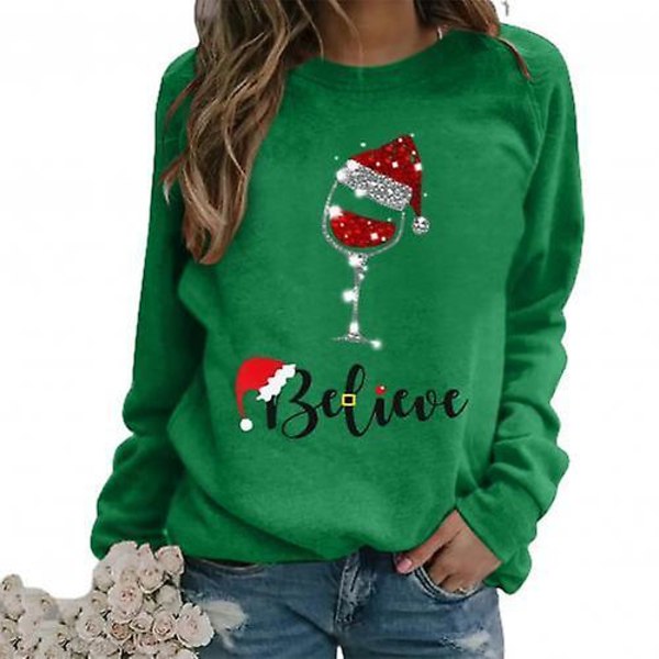 Fashionabla Dam Jul Tryck O-ringning Långärmad Tröja Lös Sweatshirt XL