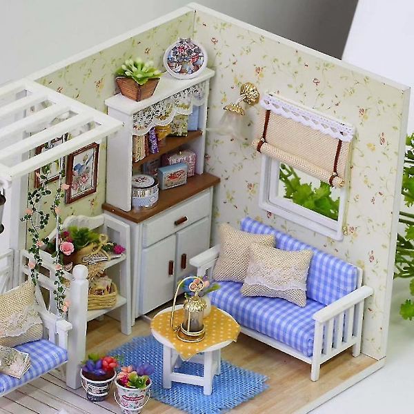 Miniatyrdockhus i trä DIY-husbyggsats med skydd och LED-belysning