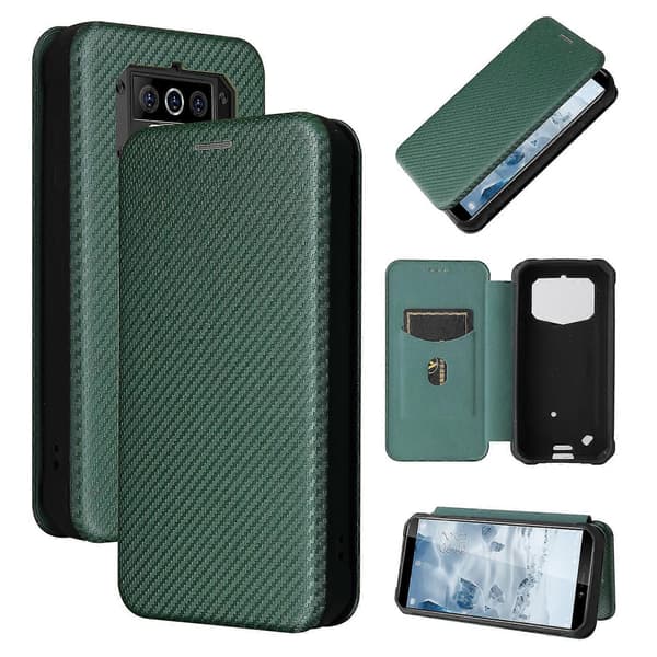 [LCS] För Oukitel WP5 / WP5 Pro kolfibertextur Horisontellt vikbart TPU + PC + PU läderfodral med kortplats Green