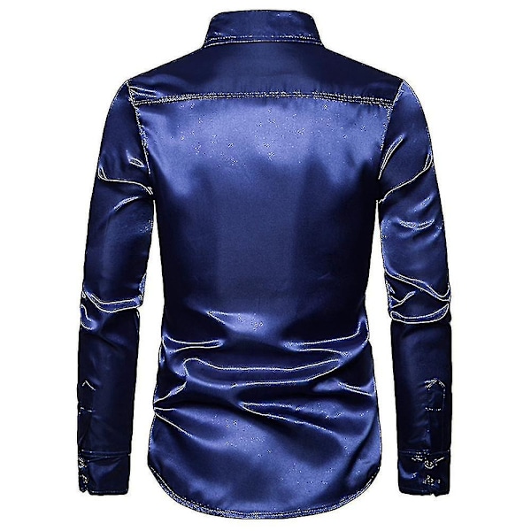 Miesten paljetti glitter slim fit napitettava paita juhlaan, pitkähihainen paita, tummansininen 2XL Navy Blue