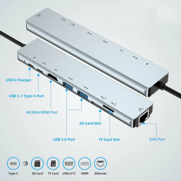 8-in-1 Multiport Type C - USB-C 4K HDMI -sovitin USB 3.0 -kaapeli USB-keskitin Macbookille