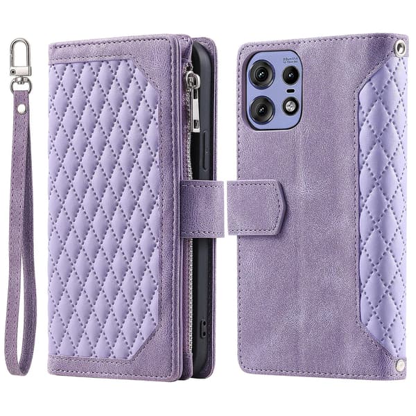 Læderetui med lynlås og gittertekstur til Motorola Edge 50 Pro Purple