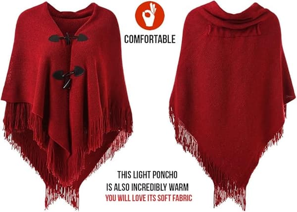 Elegant varm dame poncho sjal (rød) åben front med frynset knap til efterår vinter