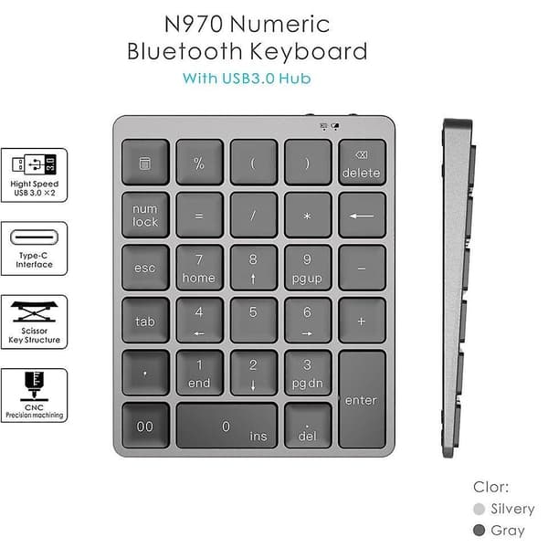 [LCS] Bluetooth numerisk tastatur bærbart tastatur med USB Hub Splitter aluminiumslegeringsdæksel (grå)