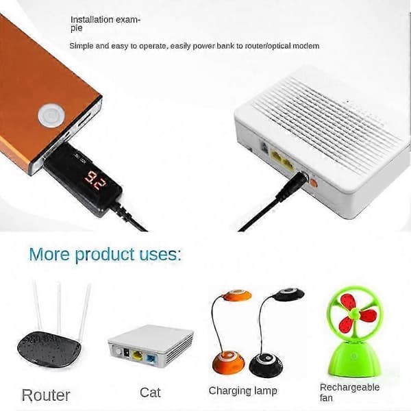 USB-strømkabel for 5V til 9V 12V konvertering WIFI-adapter ladekabel med USB-boostmodul via Powerbank-tilkobling Black