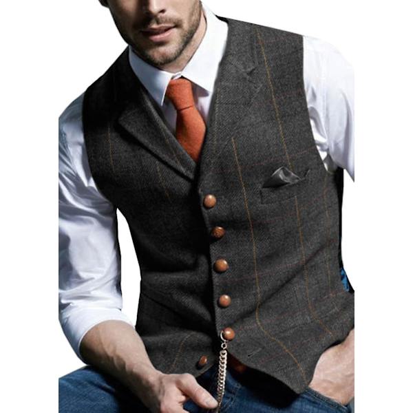 Herre Dressvest Hakket Rutete Ull Fiskebeins Tweed Vest Ca