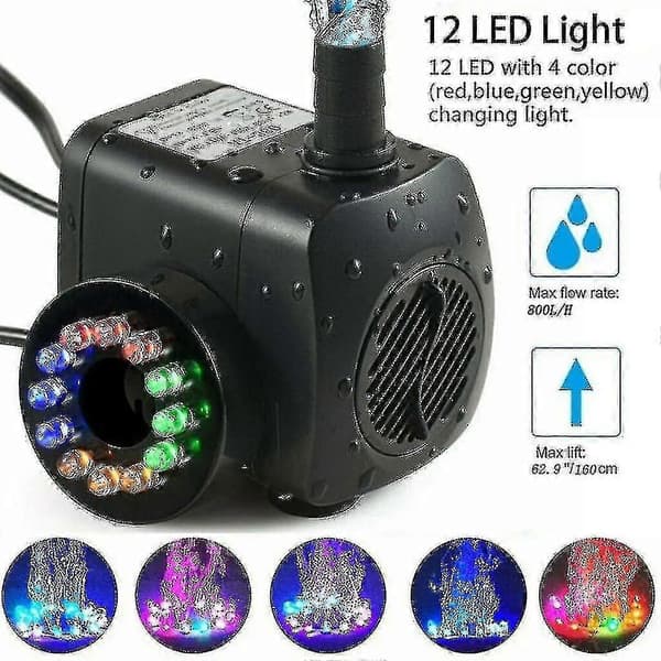 [LCS]15w 800l/h Fontänpump Damm Pump Vattenlek Pump Trädgårdspump Fontän Med 12 Led