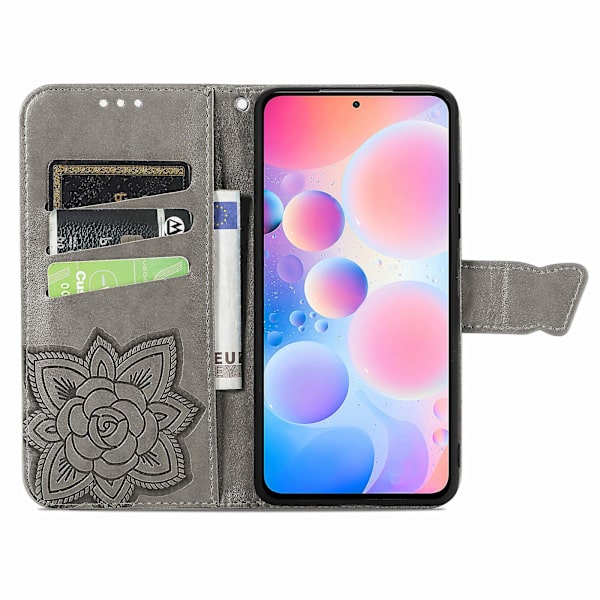 Xiaomi Poco F3 Flip Cover med preget sommerfugl, myk TPU, støtsikker