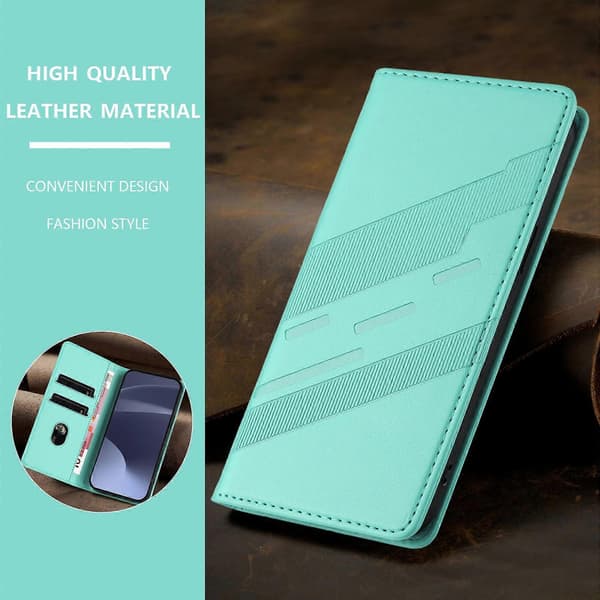 [LCS]Etui til iPhone 15, blødt PU-læder Folio Flip Kickstand Stødsikkert telefonetui - Mørkegrøn Mint Green