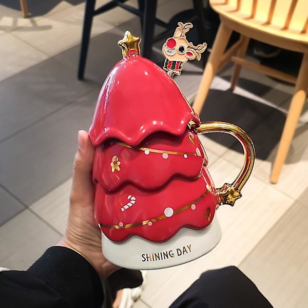 3D Juletræskrus Kreativ Keramisk Stor Kapacitet Mælk Kaffekop Med Låg Ske Ven Gave til Barn Julegave Glad Red
