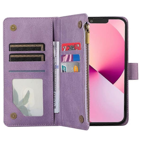 Kompatibelt etui til iPhone 11 Pro med lynlåslomme, læder, 9 kortpladser og håndledsrem Purple
