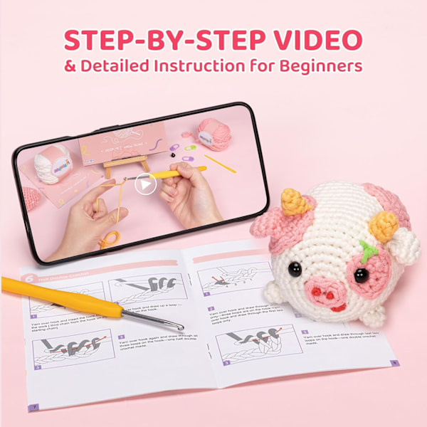 Virkningskit för nybörjare, komplett DIY-djurkit med 40%+ färdiggjort bandgarn, steg-för-steg-videoinstruktioner för vuxna och barn (Fluffig Ko)