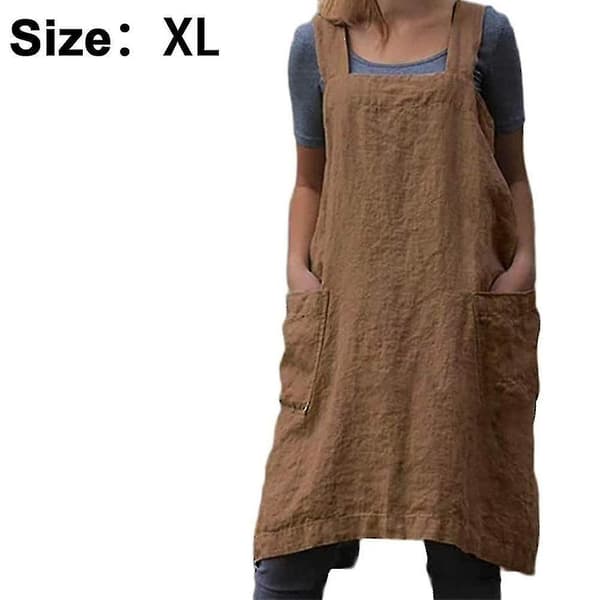Bomull Lin Forkle Kryss Rygg Forkle For Kvinner Med Lommer Kittelkjole For Baking Matlaging Khaki XL
