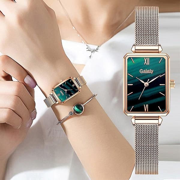 Dameure mode firkantede dame quartz armbåndsur sæt grøn 1pc mesh watch3