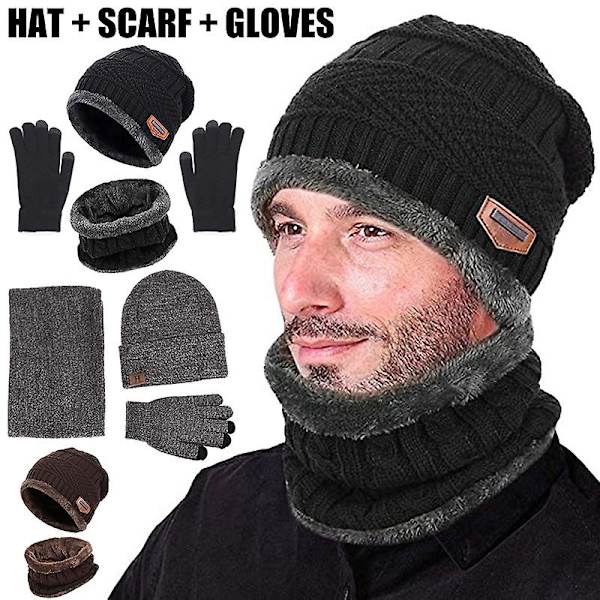 Varm Vintermössa Halsduk Handskar Set Unisex Varm Stickad Mössa Hals Vante För Män Three-piece Hat Wine Red H