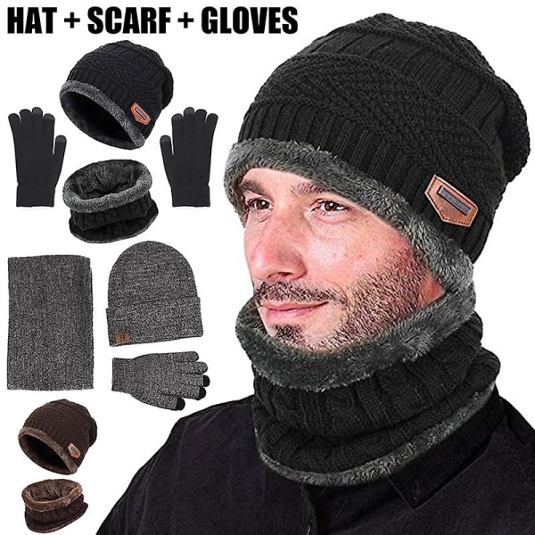 Vinter varm mössa Halsdukshandskar set Unisex vinter varm stickad mössa Halshandske för män Hat Black Three-piece H