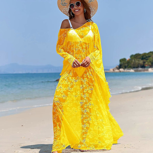 [LCS] Strandovertrekk Boho blondekimono Plus Size Bikini Robe Badedrakt for kvinner Solid-MXBC Yellow