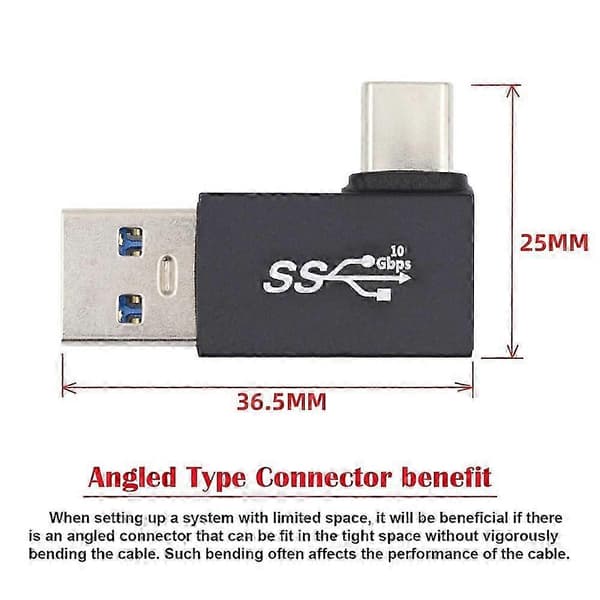 CY Rätvinklig USB3.0 Typ A Hane till USB 3.1 Typ C Hane Data 10 Gbps Laddningsadapter 90 Grader för Bärbar Dator Telefon