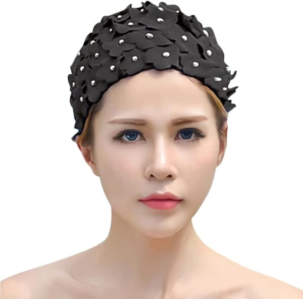 [LCS] Blomstret badehætte til kvinder Blomster badehætte Dame Mode Badehætte Super Strækbar Badehætte Elastisk Brusehætte black