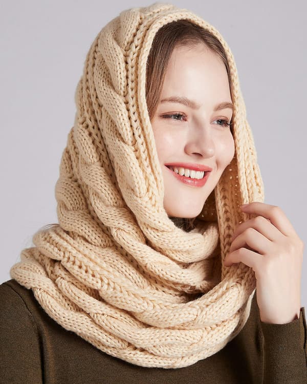 [LCS] Damstickad Infinity Scarf Cirkel Loop Varm Mode Tjock Ribbad Halsduk Beige