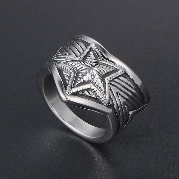 Retro Titaniumstål Femuddig Stjärna Breda Ringar Ring Retro Mal Silver 11
