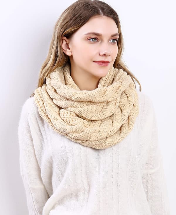 [LCS] Damstickad Infinity Scarf Cirkel Loop Varm Mode Tjock Ribbad Halsduk Beige