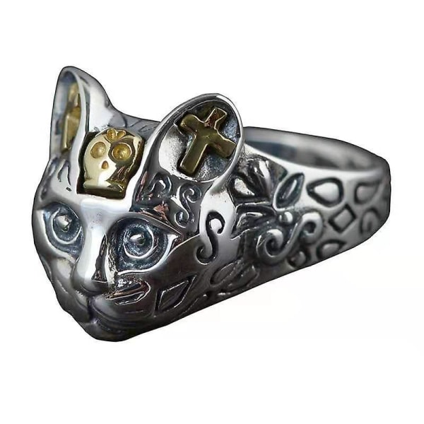 925 Retro Thai Hantverk Cat Head Silver / Koppar Ring