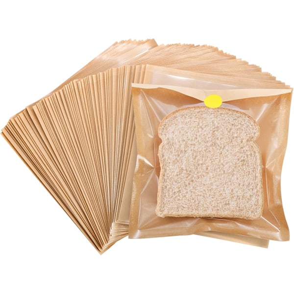 100-pak (17,8x19,1 cm) Klare brødposer af papir med vindue til småkager, brød med klistermærker, madposer til kager, donuts, bagværk, gaver