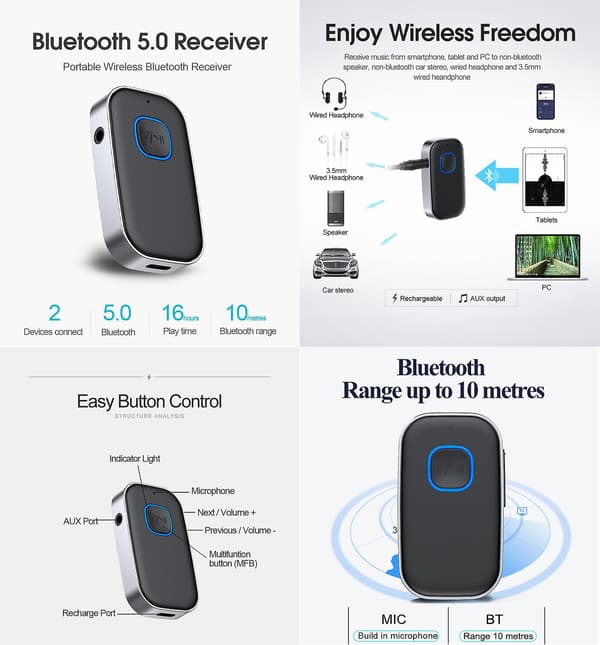 [LCS] 3,5 mm trådløs Bluetooth 5.0 bilmusikk Aux lydmottakeradapter Støyreduserende