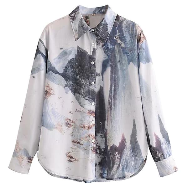 [LCS] Plus Size Dame National Stil Blækprint Langærmet Skjorte M