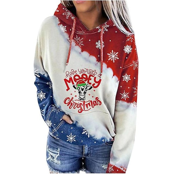 Vintage Sweatshirt Rødvin Glass Dame Hettegenser Lappeteppe Juleprint Mote Kontrast Myk Sweatshirt XL