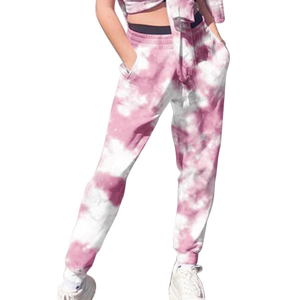 Dam Tie Dye Mjukisbyxor Casual Hög Midja Byxor Med Elastiskt Band Baggy Streetwear Pink M
