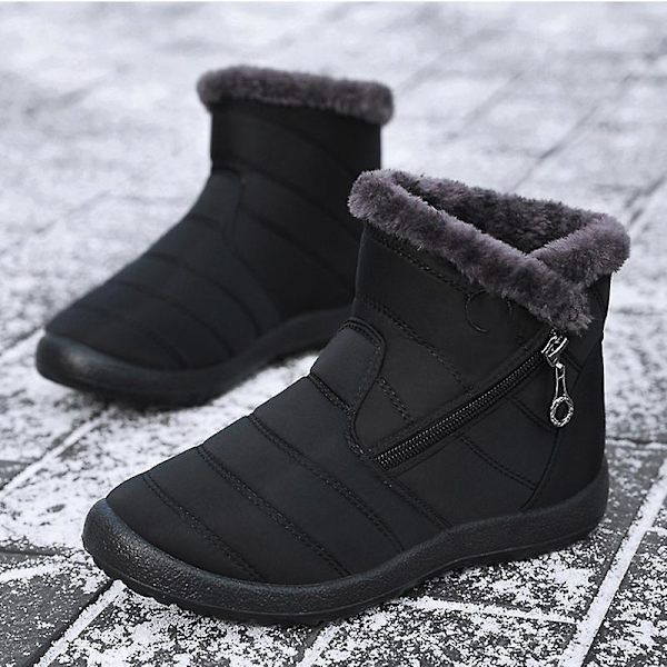 Stövlar för kvinnor, fluffigt tjockt fleecefoder, snökängor, varma ankelstövlar med dragkedja, vinter utomhus Black 38