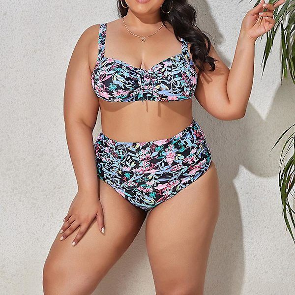 Bikini för damer i oversize-modell, 2-delad, hög skärning, hög midja, justerbara axelband Black XL