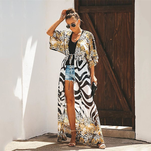 Chiffong Sommar Bikini Cover Up Solskydd Leopardmönster Lång Strand