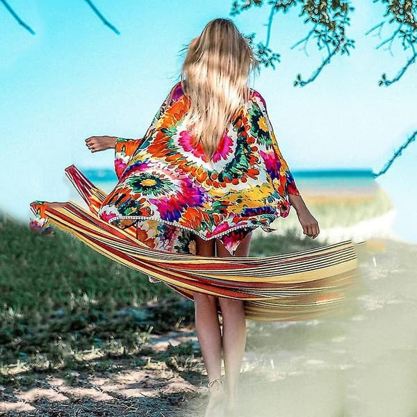 Mönstrad sommar-bikiniöverdrag solskydd Boho strandkläder kofta