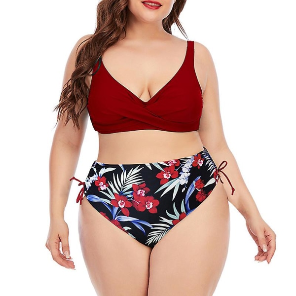 Damoversize bikini 2-delad högskuret printed badkläder Justerbar axelrem Baddräkt för Wine Red 2XL