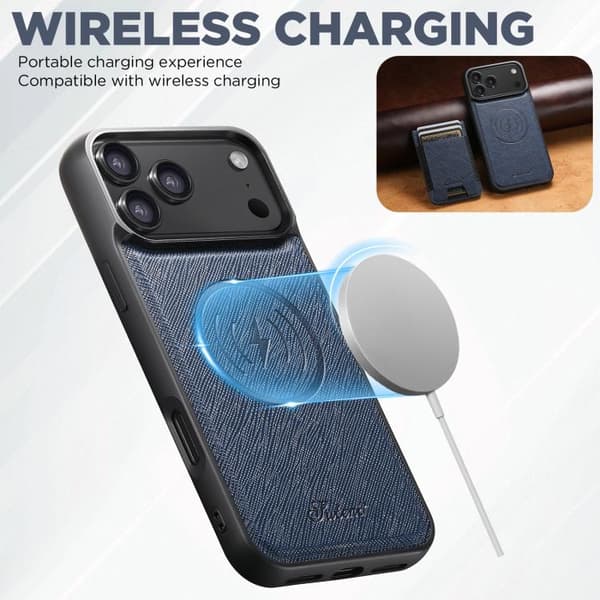 [LCS]iPhone 17 Case - Cross Grain Leather with MagSafe and Detachable Wallet Blå