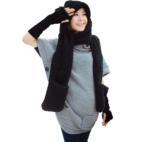 Vinter Varm Dame Hettegenser Hansker Lomme Øreklaff Lue Langt Skjerf Sjal Snood Wraps Black