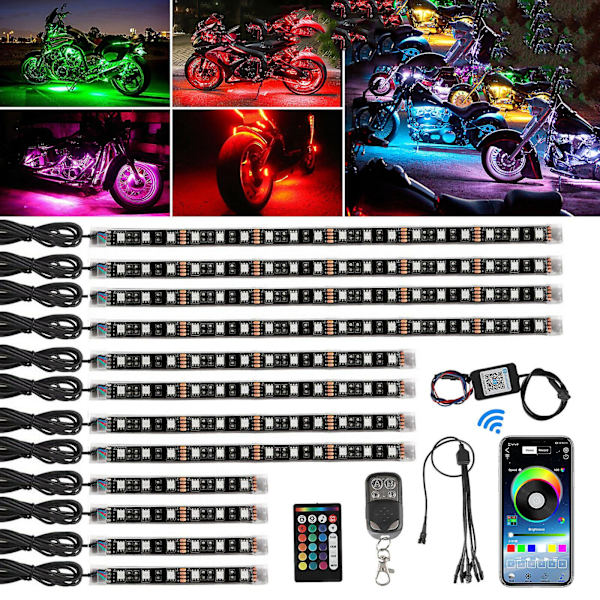 12 stk. RGB Bluetooth Motorsykkel LED Lys Neonstripe App Kontrollsett
