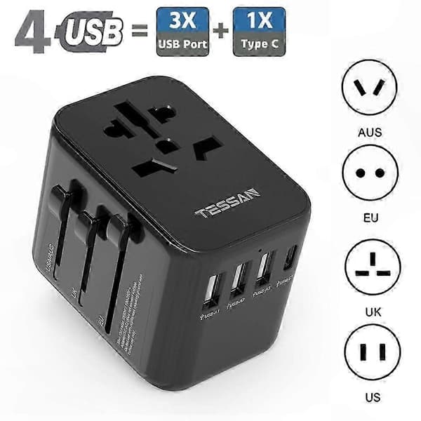 Universell reseadapter med 3 USB-portar och 1 USB C för global användning