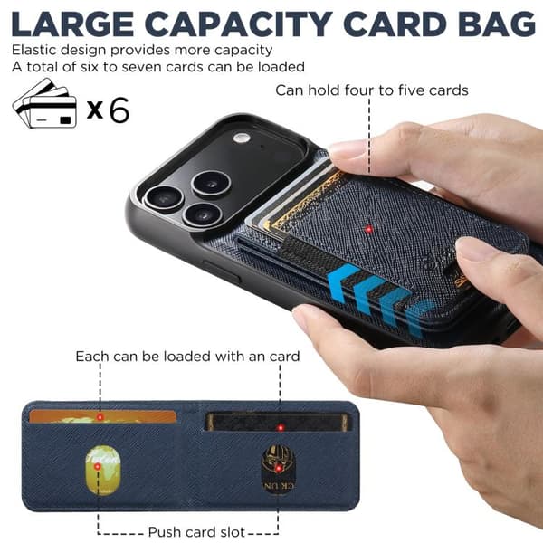 [LCS]iPhone 17 Case - Cross Grain Leather with MagSafe and Detachable Wallet Blå