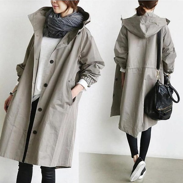 Dam Vindjacka Casual Lös Knappfickor Huva Vindtät Vattentät För Utomhusvandring Light Grey 4XL