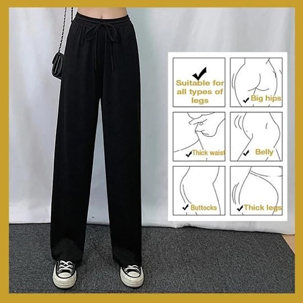 Dame Is Silke Brede Ben Bukser Løse Elastisk Talje Afslappede Sommer Lange Bukser Black XL