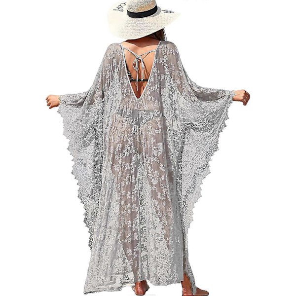 [LCS] Strandovertrekk Boho blondekimono Plus Size Bikini Robe Badedrakt for kvinner Solid-MXBC Gray
