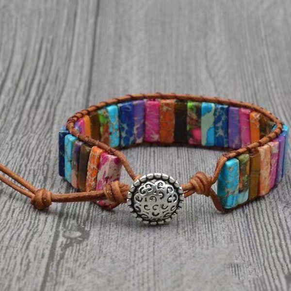 7 Chakra Armband Handgjorda Färgglada Armband Chakra Beads Sten Läder Wrap Armband Smycken Presenter 32 Colored Stone Round Button