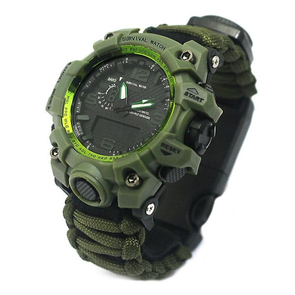Outdoor Survival Watch Vattentät Emergency Gear Compass Whistle Multi-purpose Armband Army-green