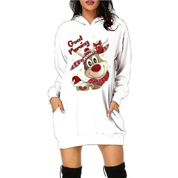 Christmas Style Sweatshirts Klänning Pocket Hoodies Dam Toppar Pullover Tecknad Roliga Sweatshirts För Dam Casual Pullover Höst M