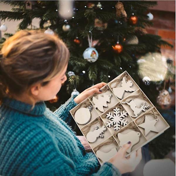 27 kpl Viimeistelemättömiä puisia riippuvia koristeita joulukoristeisiin, 9 tyyliä DIY-puuviipaleita rei'illä