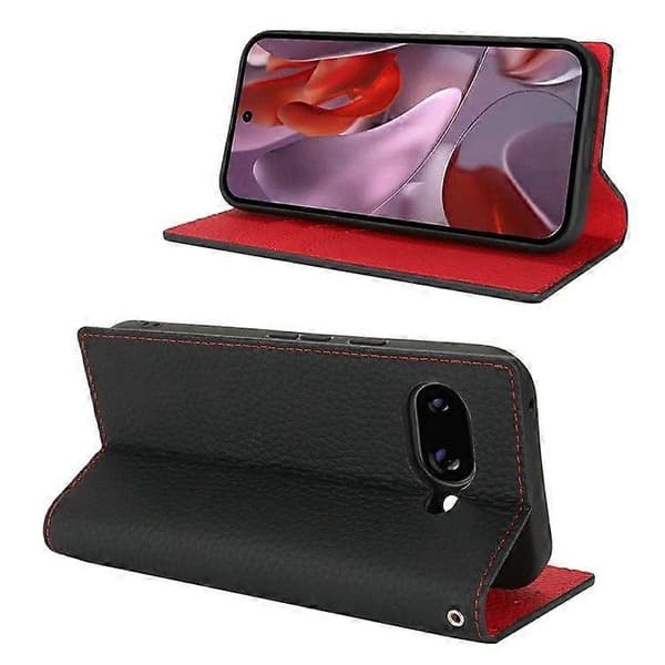 För Google Pixel 9a Plånboksfodral Äkta Kohud Telefonfodral Litchi Textur Black